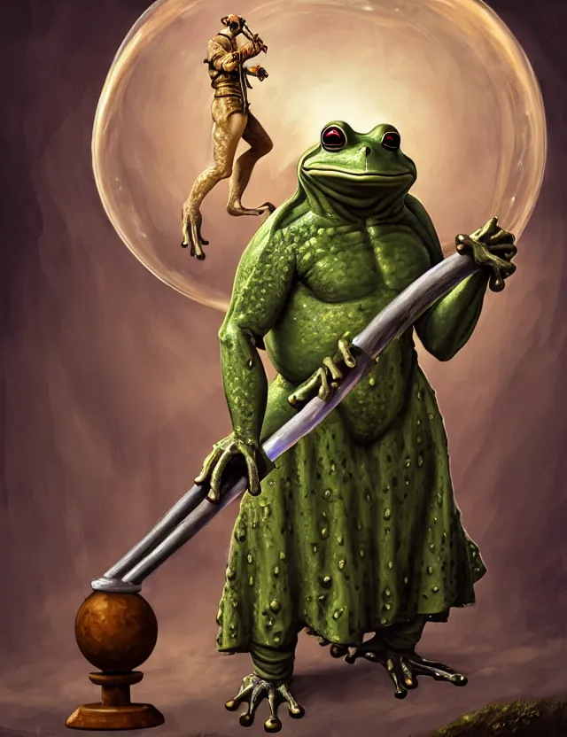 Prompt: anthropomorphic bipedal frog that is dressed as a renaissance monk fighter, and holding a big flanged mace, as a matte oil painting and d & d character art, by alex grey, standing, fullbody, floating bubbles, mystic, fog, fractals, spirals, vibrant, concept art, award - winning, extremely detailed, sharp focus