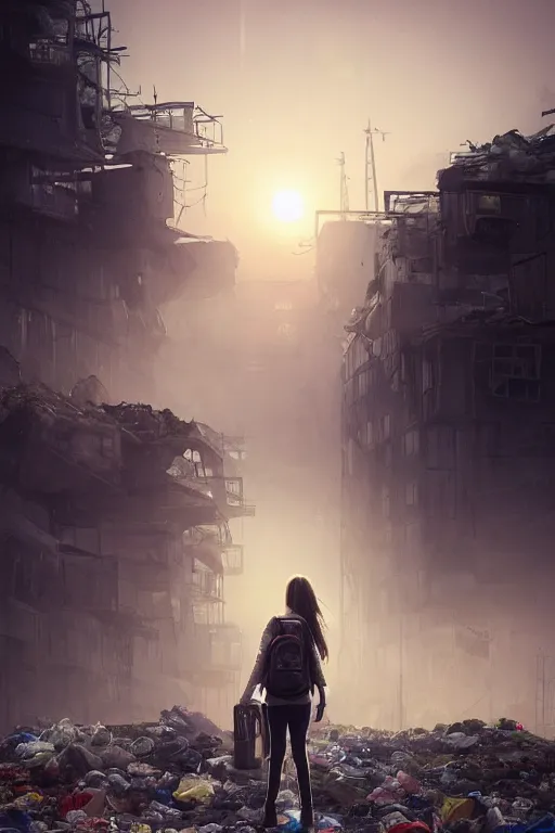 Image similar to detailed lonely girl with backpack standing at cars looking for food at garbage dump, destroyed cars, city is pure wasteland, moody sunset in background, save the planet, high details, sharp, photorealism, cinematic, greg rutkowski, alphonse mucha, trending on artstation, artgerm, unreal engine, breathtaking, award winning, highly detailed