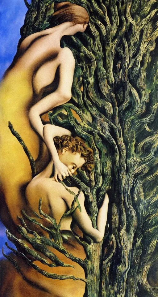 Prompt: Marie Curie hugging a tree, surreal oil painting by Salvador Dalí