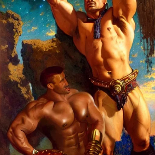 Image similar to muscular dwayne the rock johnson wears leather and drinks martinis at a celestial dance club and falls in love with the handsome god jupiter, painting by gaston bussiere, craig mullins, j. c. leyendecker, tom of finland