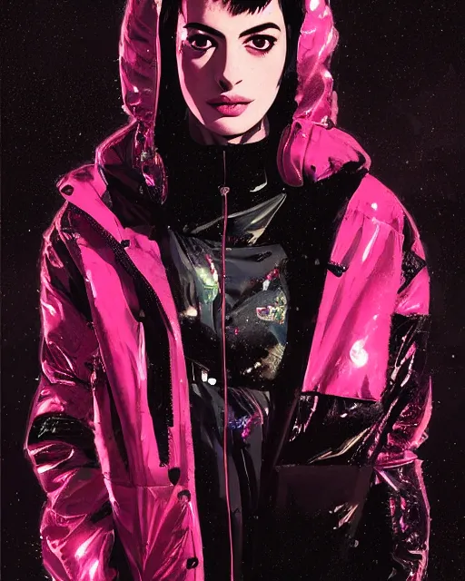 Prompt: detailed portrait Anne Hathaway Neon Operator Girl, cyberpunk futuristic neon, reflective puffy coat, decorated with traditional Japanese ornaments by Ismail inceoglu dragan bibin hans thoma greg rutkowski Alexandros Pyromallis Nekro Rene Maritte Illustrated, Perfect face, fine details, realistic shaded, fine-face, pretty face