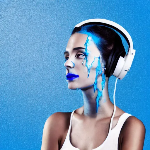 Image similar to dripping electrical blue paint across the shape of a female human listening to music, realistic , high detail, on a white background