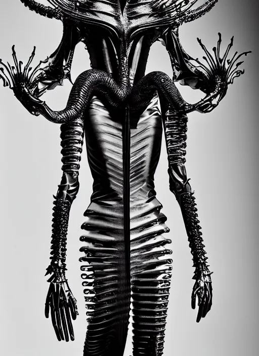 Image similar to walking down the catwalk, mert alas and marcus piggott, show, stage, vogue photo, podium, fashion show photo, historical baroque dress, iris van herpen, beautiful woman, full body shot, masterpiece, inflateble shapes, alien, predator, guyver, jellyfish, white biomechanical details, highly detailed