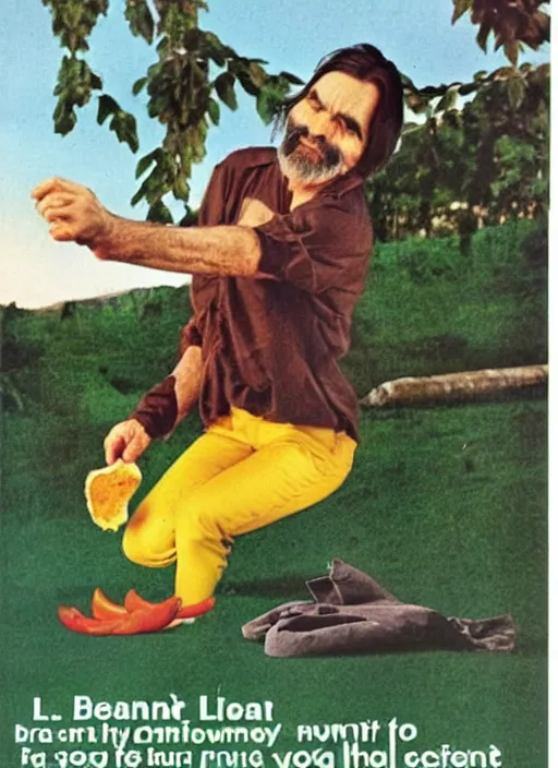 Prompt: vintage l. l bean magazine advertisement depicting charles manson slipping on a banana peel