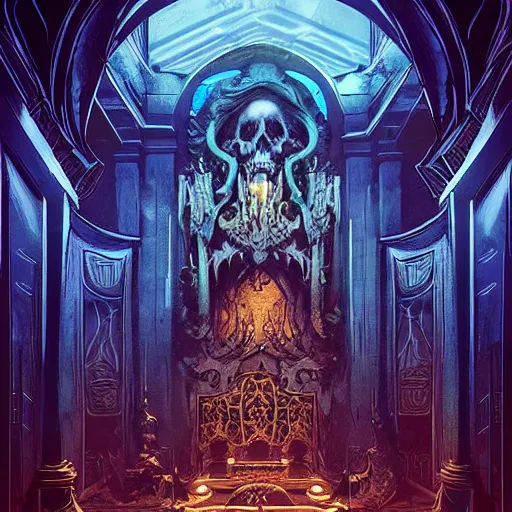 Image similar to Rafael Albuquerque comic art and artgerm, The interior of an underwater city, insanely ornamented with baroque evil golden decorations, black ornaments, ominous devilish altar made of bones, blue neon light coming from the windows, mysterious atmosphere, octane