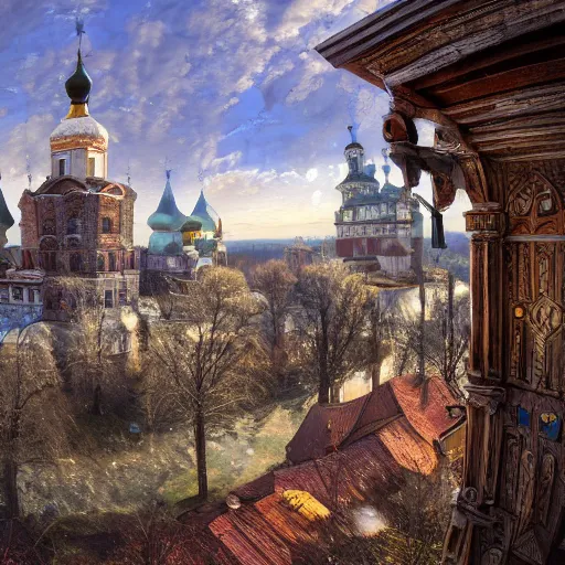 Prompt: photo beautiful ancient Slavic Russian city of Kitezh, fisheye lens, painting by Viktor Vasnetsov, concept art, magical city, fantasy cityscape, ancient Slavs, wooden buildings, ancient Russian architecture, terem, hyperborea, top cinematic lighting , cinematic mood, very detailed, 8k, high resolution, trending on artstation, artstationHD,