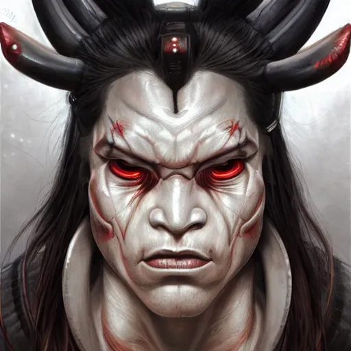 Image similar to portrait, cyberpunk japanese oni demon with horns, stern expression, long hair, highly detailed, digital painting, artstation, concept art, smooth, sharp focus, illustration, artgerm, tomasz alen kopera, peter mohrbacher, donato giancola, joseph christian leyendecker, wlop, frank frazetta