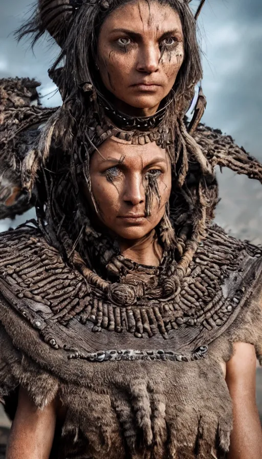 Prompt: sweated ancient princess tribewoman ready to fight, partially destroyed armor inspired monster hunter, low shot camera, muscular, symmetrical face, clean face, subtle make up, dramatic lighting, cinematic, establishing shot, extremely high detail, photorealistic, 300 the movie,monster hunter the movie, dune the movie, cinematic lighting, artstation, octane render, western,old photo, vintage, dust and destruction happening around her, freeze time