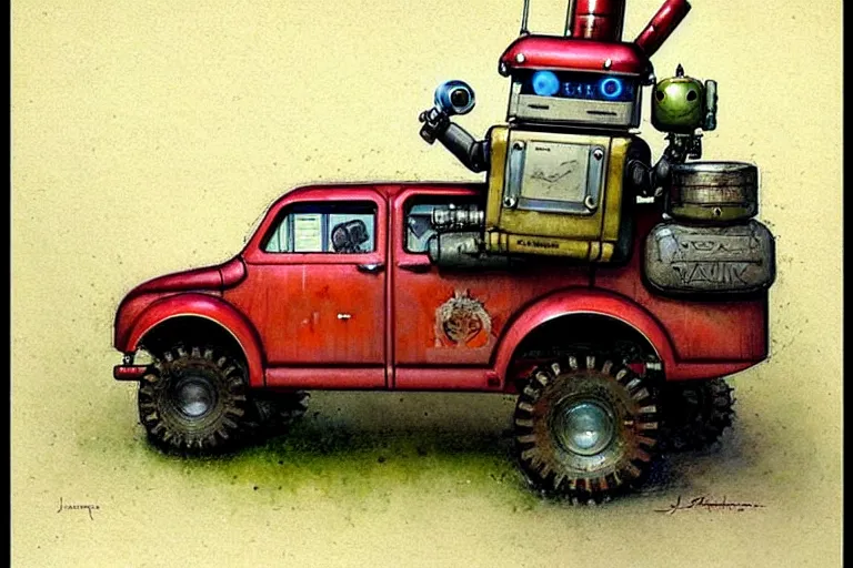 Image similar to adventurer ( ( ( ( ( 1 9 5 0 s retro future robot android fat knome rv offroad truck robot. muted colors. ) ) ) ) ) by jean baptiste monge!!!!!!!!!!!!!!!!!!!!!!!!! chrome red