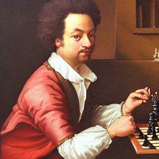 Image similar to robin wiiliams playing chess looking wise, rococo oil painting, highly detailed