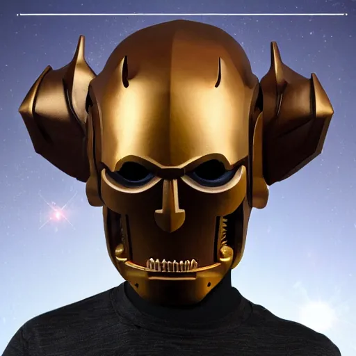 Image similar to celestial guardian, rgb emperor of hell mask, iron giant jaw, iron giant chin, horns, fangs, 8 k, rgb laser background