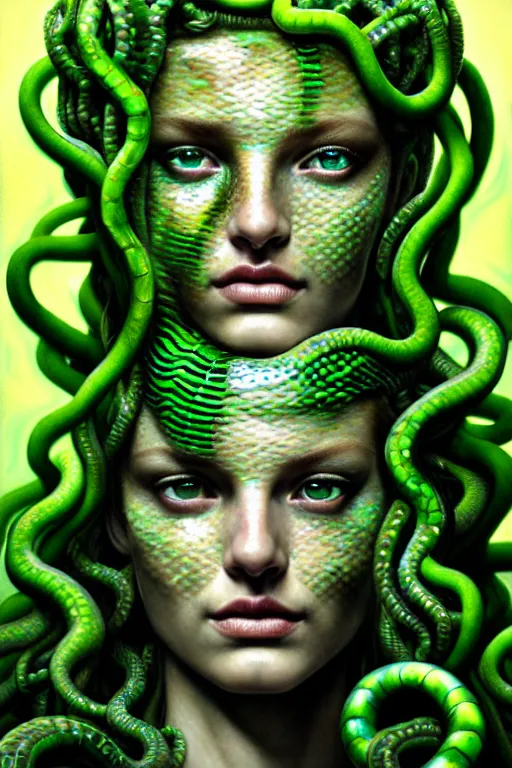 Image similar to hyperrealistic mixed media painting of Medusa, green scaley serpents in her hair, full body, stunning 3d render inspired art by P. Craig Russell and Barry Windsor-Smith + perfect facial symmetry + dim volumetric lighting, 8k octane beautifully detailed render, post-processing, extremely hyperdetailed, intricate, epic composition, grim yet sparkling atmosphere, cinematic lighting + masterpiece, trending on artstation, very very detailed, masterpiece, stunning