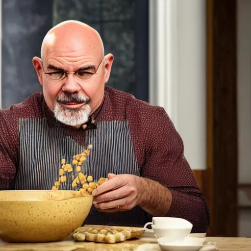 Prompt: Dave Ramsey eating a bowl of cooked lentils, unhappy, dirty house, wearing dirty clothes, realistic, 4K, highly detailed,