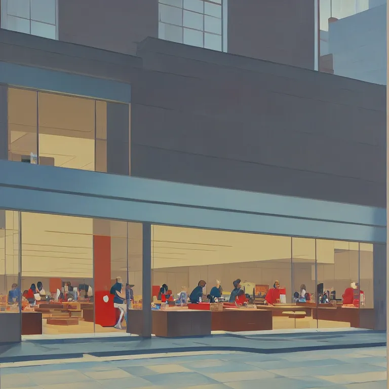 Image similar to apple store opening in Tokyo, painted by Edward Hopper, painted by James Gilleard, airbrush