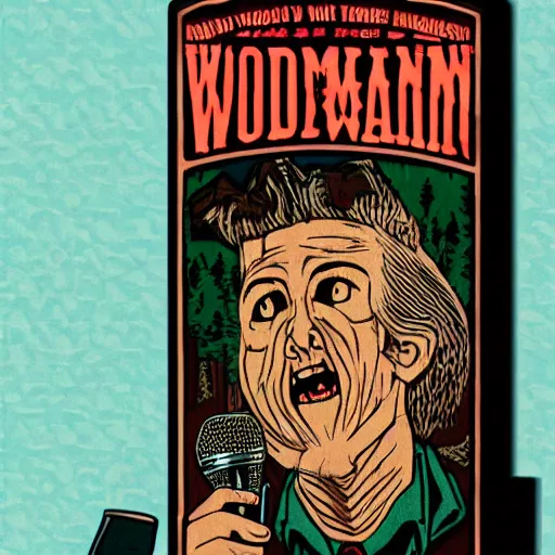 Image similar to twin peaks woodsman, drink full and descend scene, microphone, horror