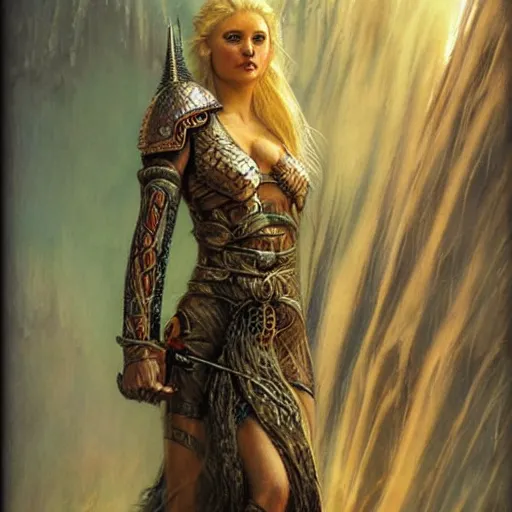 Image similar to viking woman, blonde, tall, warriot, d & d, concept art, science fiction, style of karol bak