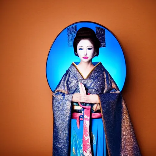 Image similar to portrait of a madonna as a geisha dressed in metallic blue clothes, futuristic makeup in a studio with green lights behind, award winning photography