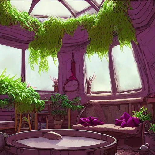 Image similar to concept art painting of a interior of a cozy alien fantasy cottage, with black vines and magenta houseplants, round windows, realistic, detailed, cel shaded, dark, in the style of makoto shinkai and greg rutkowski and james gurney