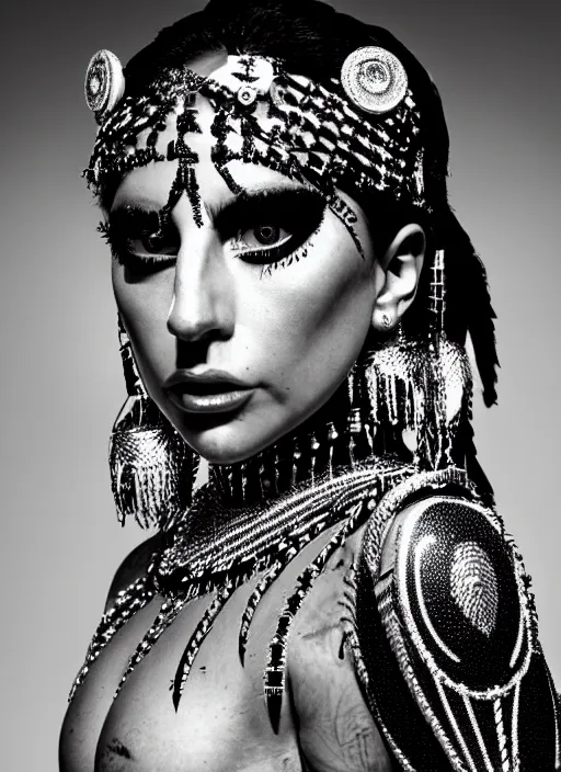 Image similar to lady gaga as a tribal woman, intricate, cinematic lighting, highly detailed, canon 3 5 mm photography, horizontal symmetry, smooth, sharp focus