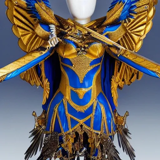 Image similar to art deco valkyrie, blue and gold ornate armor, highly detailed, intricate detail, art station,