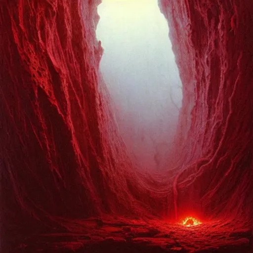 Image similar to will farrell entering a chasm full of unspeakable cosmic horrors, horror, blood red, terrifying atmosphere, atmospheric, by greg rutkowski and zdzisław beksinski, 8 k