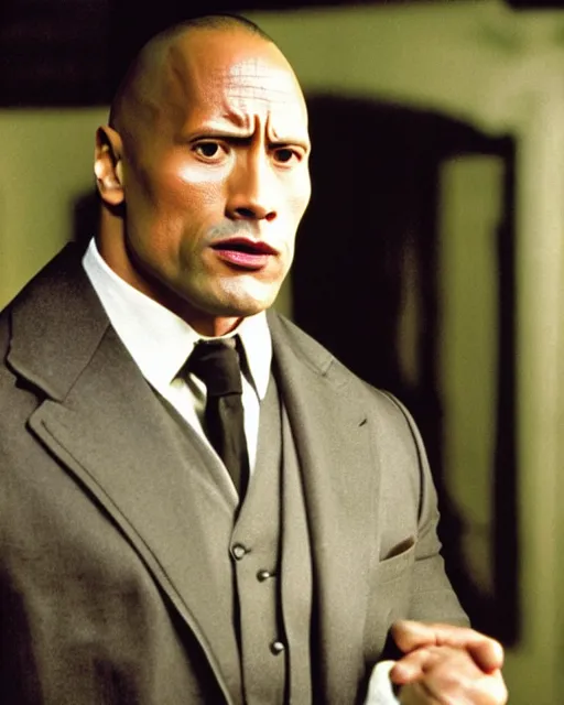 Image similar to film still close up shot of dwayne johnson as vito corleone from the movie the godfather. photographic, photography