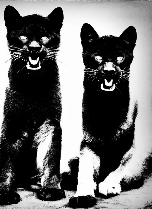 Image similar to two black panthers black and white portrait white sky in background