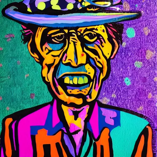 Image similar to old man wearing voodoo hat, mick jagger, art by meow wolf