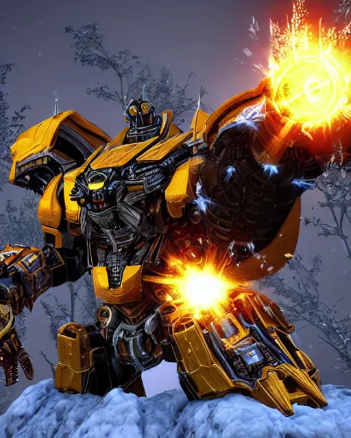 Image similar to the autobot bumblebee in the world of Diablo, battling demons, winter, blizzard