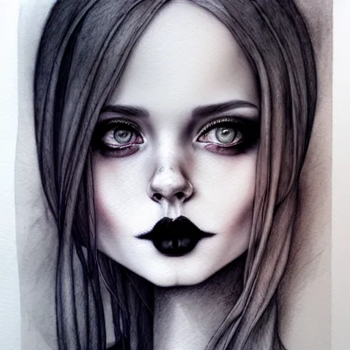 Image similar to hyper realistic pencil and ink drawing of a cute goth girl, muted water color, full portrait, detailed, rim light, diffused, intricate, by anna dittmann