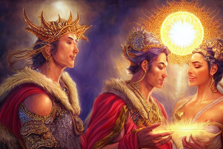 Image similar to close up moment of a divine a sun god and a moon goddess lovers magician at a wedding banquet, highly detailed, d & d, fantasy, highly detailed, digital painting, trending on artstation, concept art, sharp focus, illustration, art by artgerm and greg rutkowski and magali villeneuve