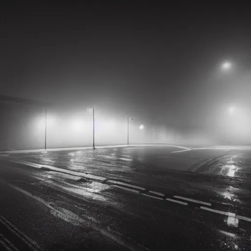 Image similar to empty carpark in the fog, night time, rain, cinematic, wide angle composition