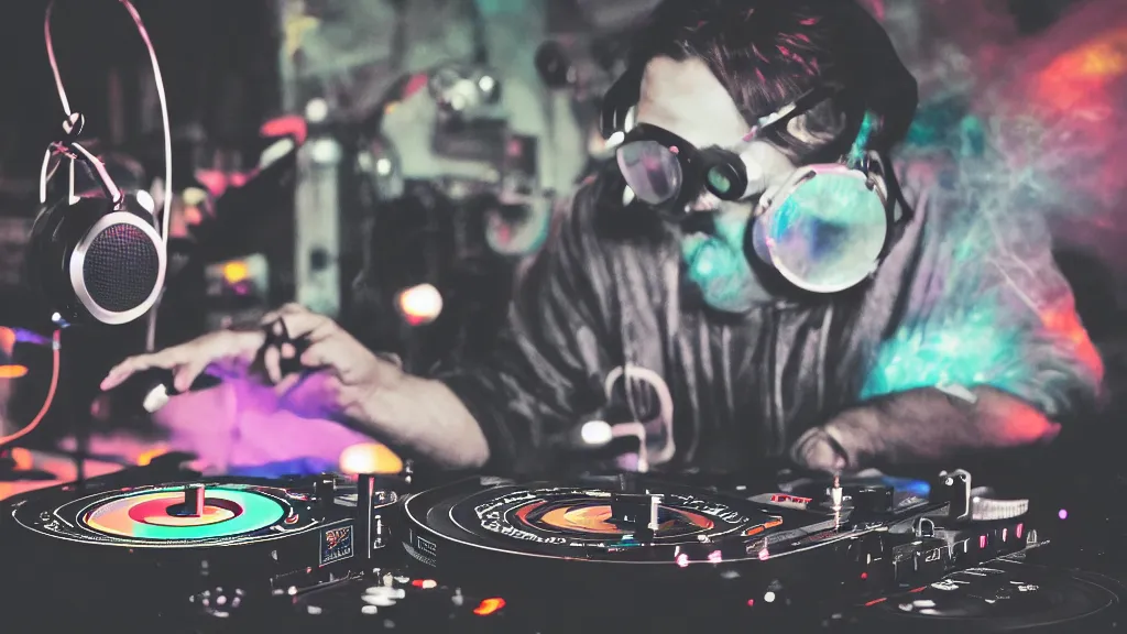 Image similar to a person wearing goggles and visor and headphones using a retro record player contraption, wires and tubes, turntablism dj scratching, intricate planetary gears, cinematic, imax, sharp focus, leds, bokeh, iridescent, black light, fog machine, hazy, lasers, hyper color digital art