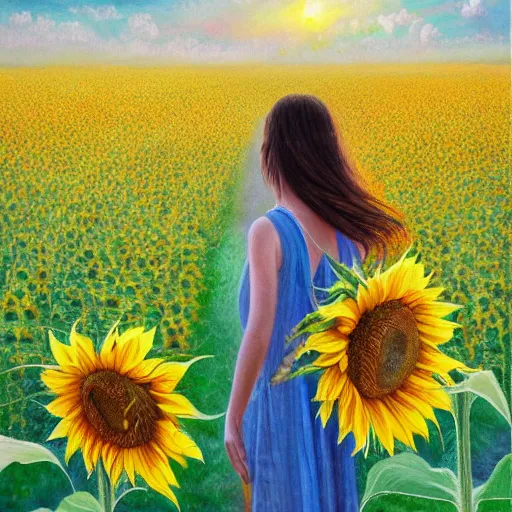 Image similar to a girl slowly walking through amazing tall sunflower field, hair flowing, early morning lightning, bad weather approaching, elegant, subtle, intricate details, real masterpiece, oil on canvas, by somsak anong