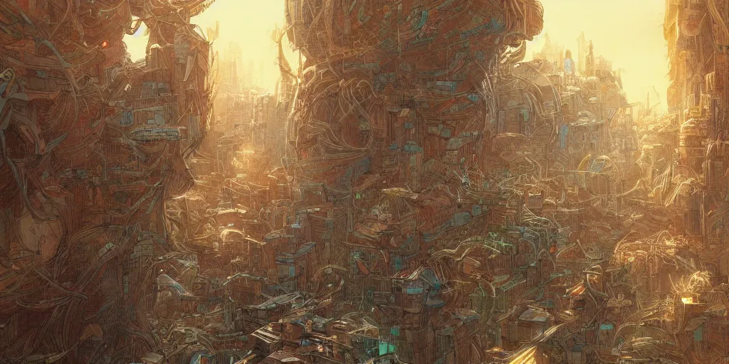 Prompt: incredible concept art of multiple plots and threads interweaving into a holodeck like structure, audience, cinematic, cinema, amazing detail, by moebius and mohrbacher,