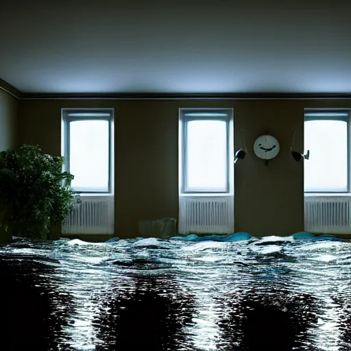 Image similar to flooded old bedroom with the lights still on, couch floating on the water