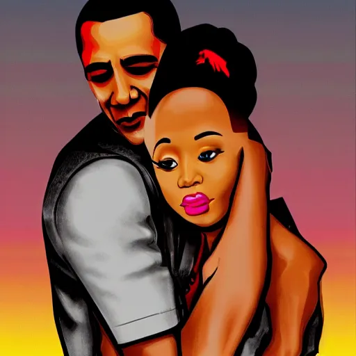 Image similar to nicki minaj hugged by barack obama from behind, soviet colored propaganda poster, highly detailed illustration