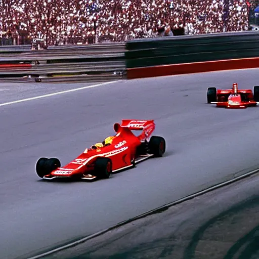 Image similar to cinematic shot of a formula 1 race in 1992