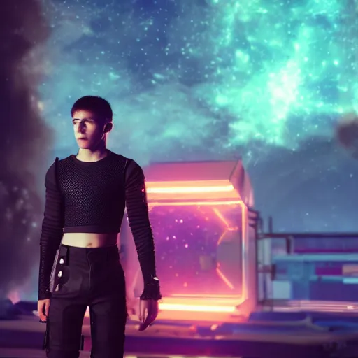 Prompt: A caucasian teenage boy wearing a black mesh crop top and black shorts standing in a mad max cage. The boy is surrounded by a colorful nebula. Cyberpunk, Digital Art, unreal engine 5, 50mm, f2.8