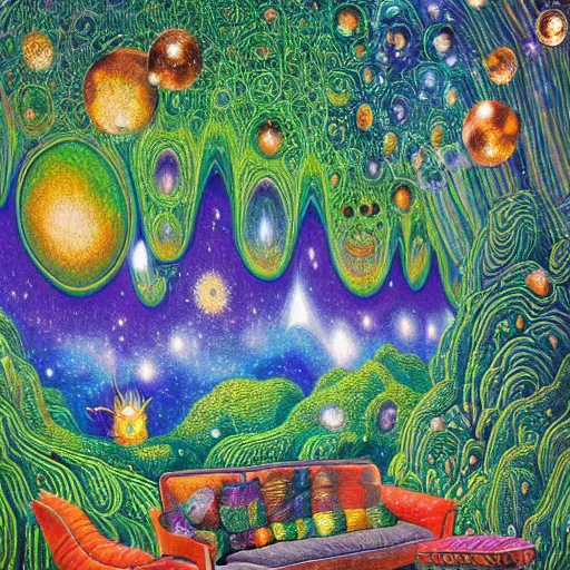 Image similar to psychedelic couch sofa in the lush forest, milky way, designed by moebius, rob gonsalves, gustav dore, giuseppe arcimboldo and carl barks, louis wain, trending on artstation, mediterranean, star, sharp focus, colorful refracted sparkles and lines, soft light, 8 k 4 k