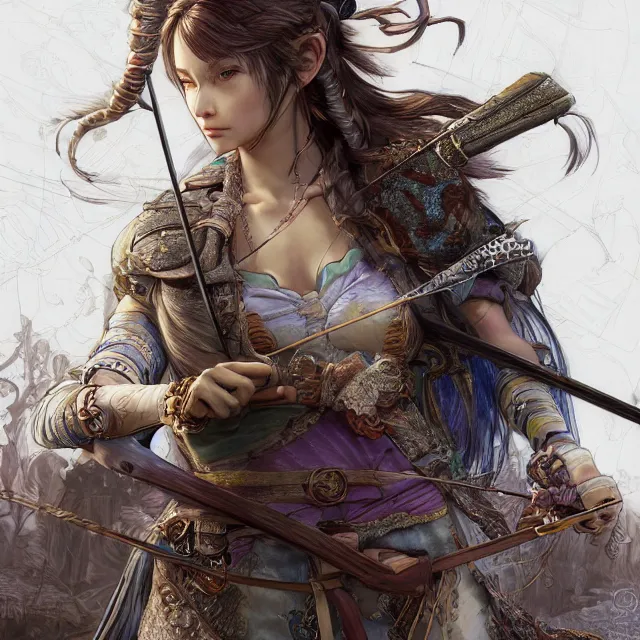 Image similar to the portrait of lawful neutral semi - colorful female archer huntress as absurdly beautiful, gorgeous, elegant, young girl, an ultrafine hyperdetailed illustration by kim jung gi, irakli nadar, intricate linework, bright colors, octopath traveler, final fantasy, unreal engine 5 highly rendered, global illumination, radiant light, detailed and intricate environment