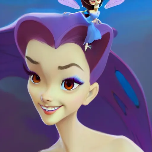 Image similar to 3 / 4 view of a portrait of a female fairy disney character with wings, confident pose, digital painting, artstation, concept art, smooth, sharp focus, illustration, trending on artstation, highly detailed, concept art, art by milt kahl, glen keane, marc davis, trending on artstation h 6 4 0