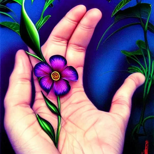 Image similar to a man's hand holding a flower, surreal, art by peter lloyd, 1 9 8 0's art, airbrush style, art by hajime sorayama,, intricate, elegant, sharp focus, illustration, highly detailed, h 8 0 0