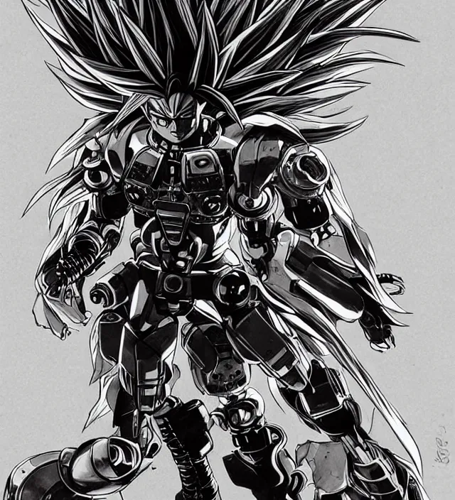 Image similar to a character portrait of a cyborg super saiyan in the style of moebius in the style of yoji shinkawa trending on artstation deviantart pinterest detailed realistic hd 8 k high resolution