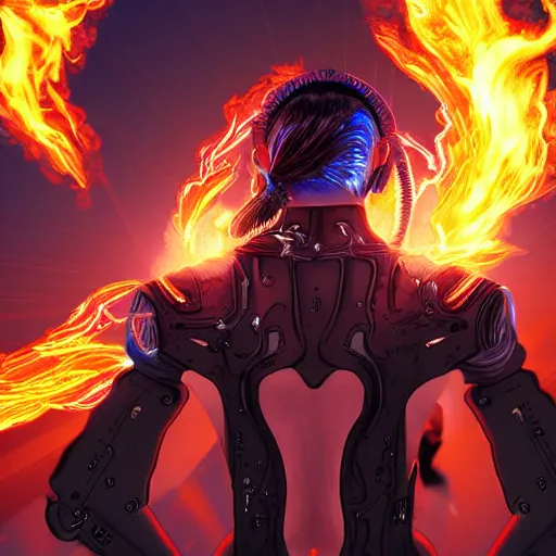 Prompt: young cyberpunk woman from behind with flames coming out of hands at the end of the world, very detailed, realistic, symmetrical face, art by invincible