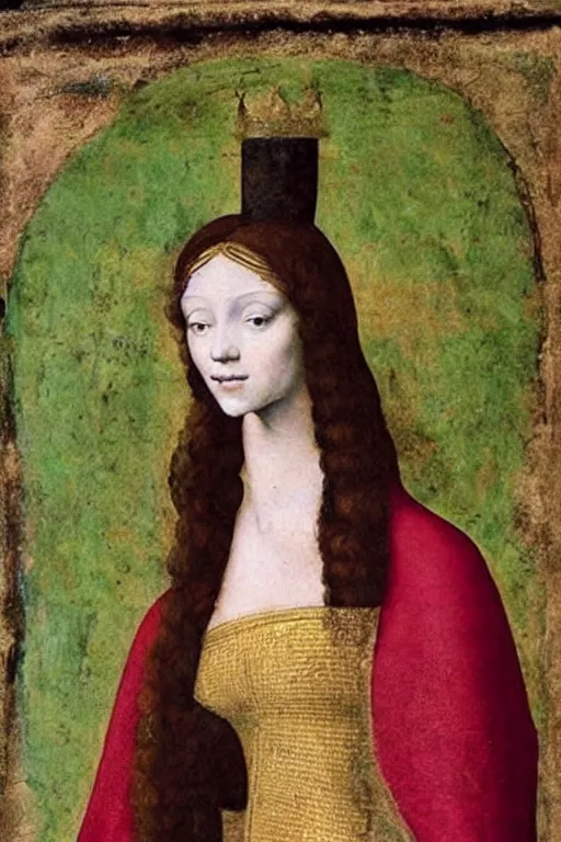 Image similar to a fresco of a renaissance Portrait of slim shapely pale young queen jezebel wearing gilded red robes, long black hair, green eyes, painted by Leonardo da Vinci