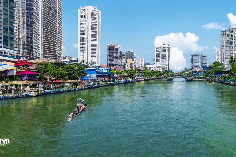 Image similar to photo of a very clean pasig river in the philippines with crystal clear blue water, high definition, tourism media