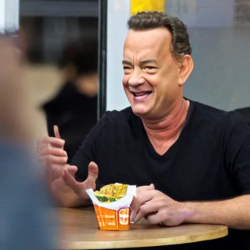 Image similar to Tom Hanks looking extremely happy while eating alone at Taco Bell