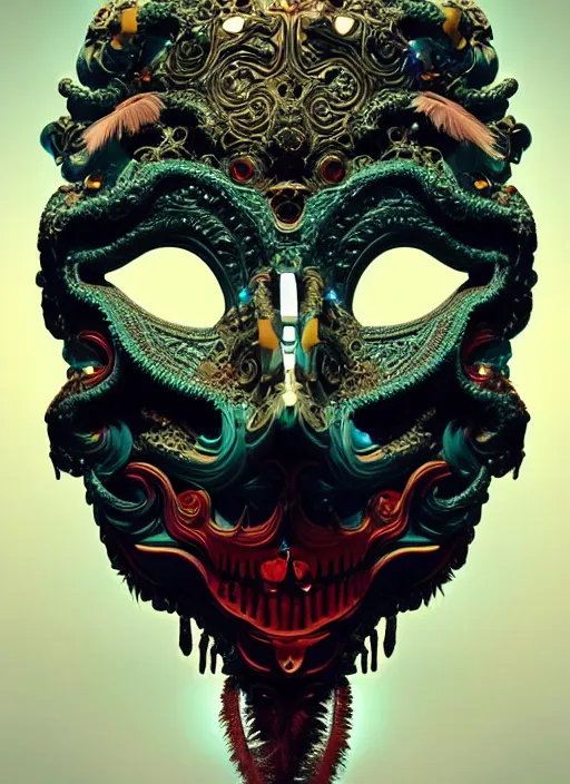 Prompt: 3 d face in venetian mask portrait, global illumiantion beautiful intricate highly detailed quetzalcoatl skull and feathers. bioluminescent, plasma, lava, ice, water, wind, creature, thunderstorm! artwork by tooth wu and wlop and beeple and greg rutkowski, 8 k trending on artstation,