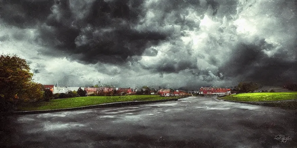 Prompt: school on the hill, surreal photography, blue and grey storm clouds, dramatic light, impressionist painting, digital painting, art station, simon starnhager